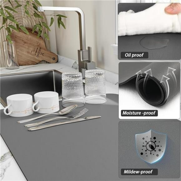 Super Absorbent Dish Drying Mat Non Slip Heat Resistant Kitchen Counter Pad Grey - Picture 3 of 7